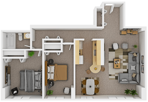 Floor plan for 2 beds, 1 bath, 882 sqft